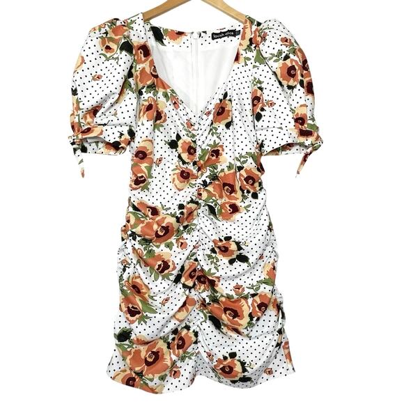 LAVISH ALICE Women’s Polkadot Floral Puff Sleeved Ruched Mini Dress - Picture 2 of 5
